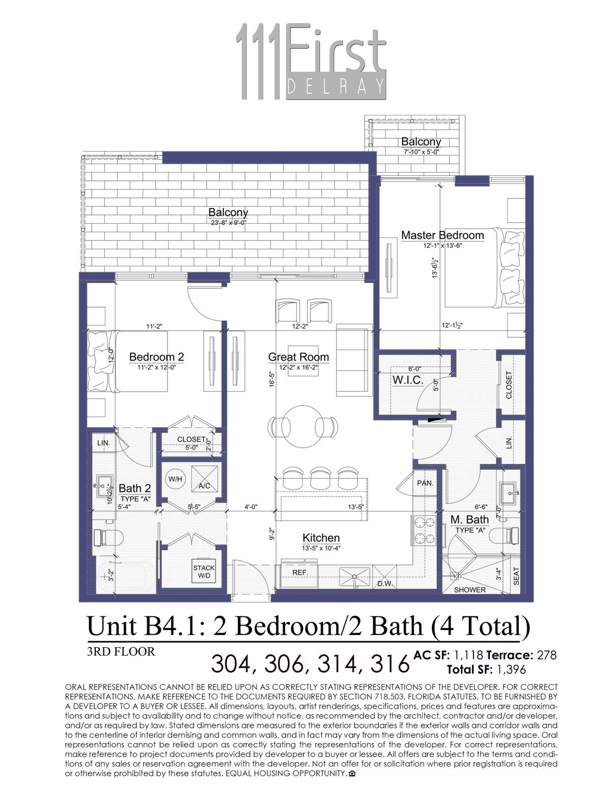 111 First Delray Unit B4.1 Two Bedroom Two Bath Floor Plan